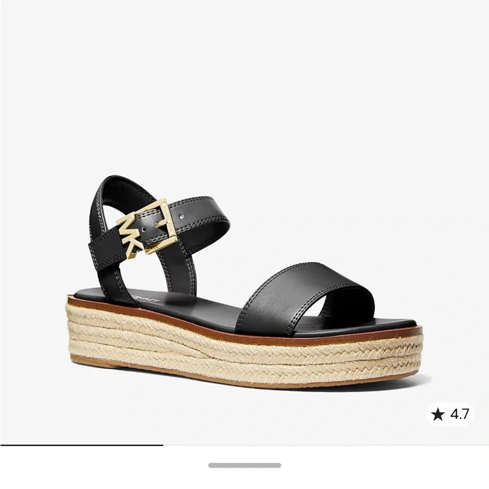 Michael Kors Black Leather Espadrille Platform Sandal with Gold Logo Buckle